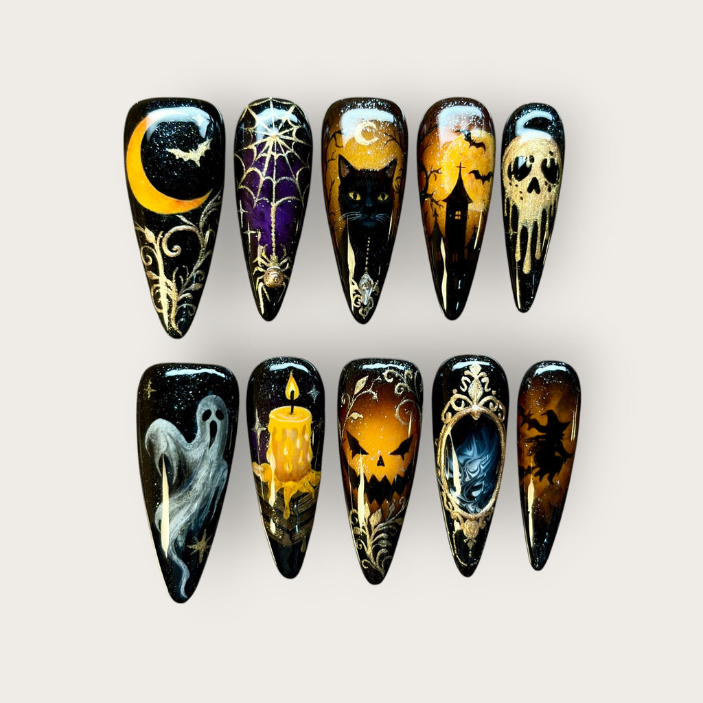 Moonlit Shadows Press-On Nails – Luxury Gothic Halloween Set