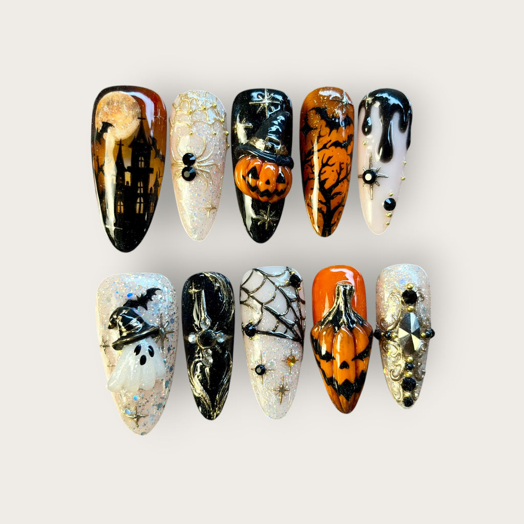 Haunted Pumpkin Press-On Nails – 3D Ghost, Spider & Jack-O’-Lantern Halloween Nail Set