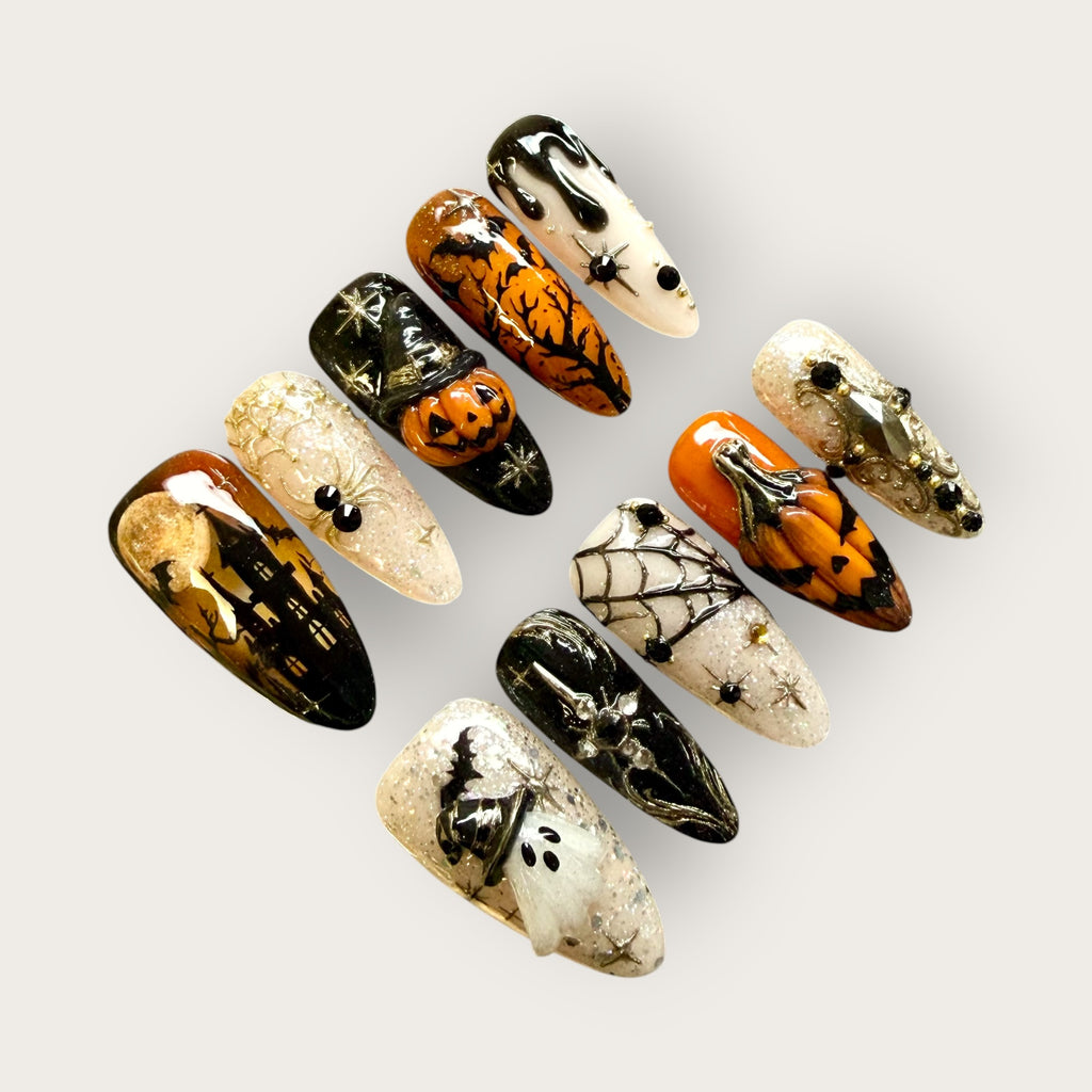 Haunted Pumpkin Press-On Nails – 3D Ghost, Spider & Jack-O’-Lantern Halloween Nail Set
