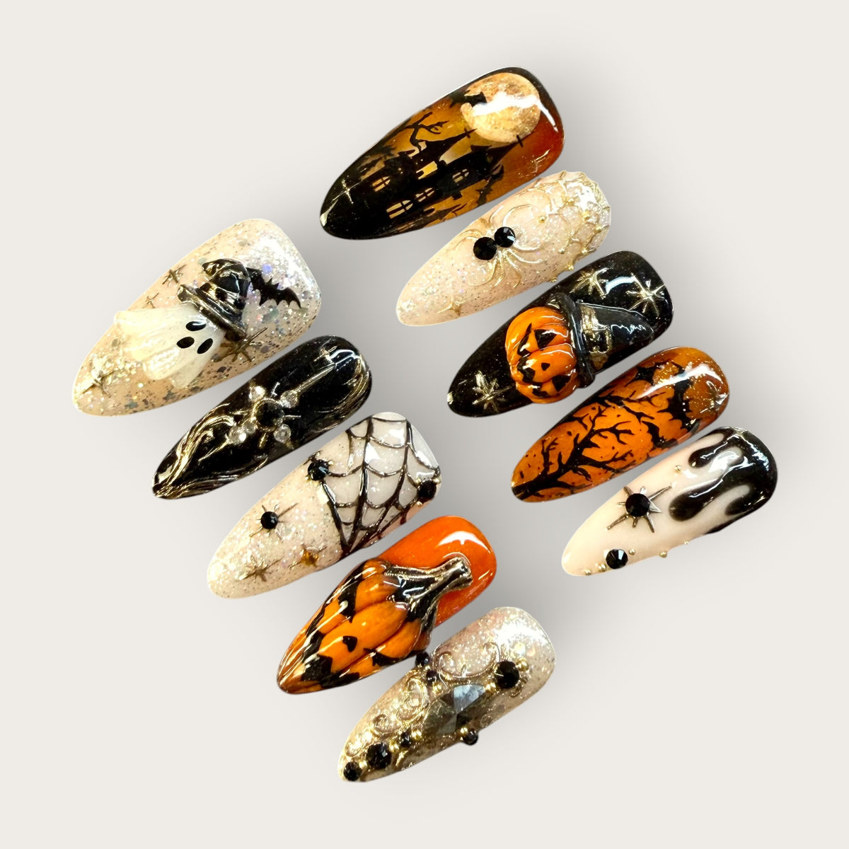 Haunted Pumpkin Press-On Nails – 3D Ghost, Spider & Jack-O’-Lantern Halloween Nail Set