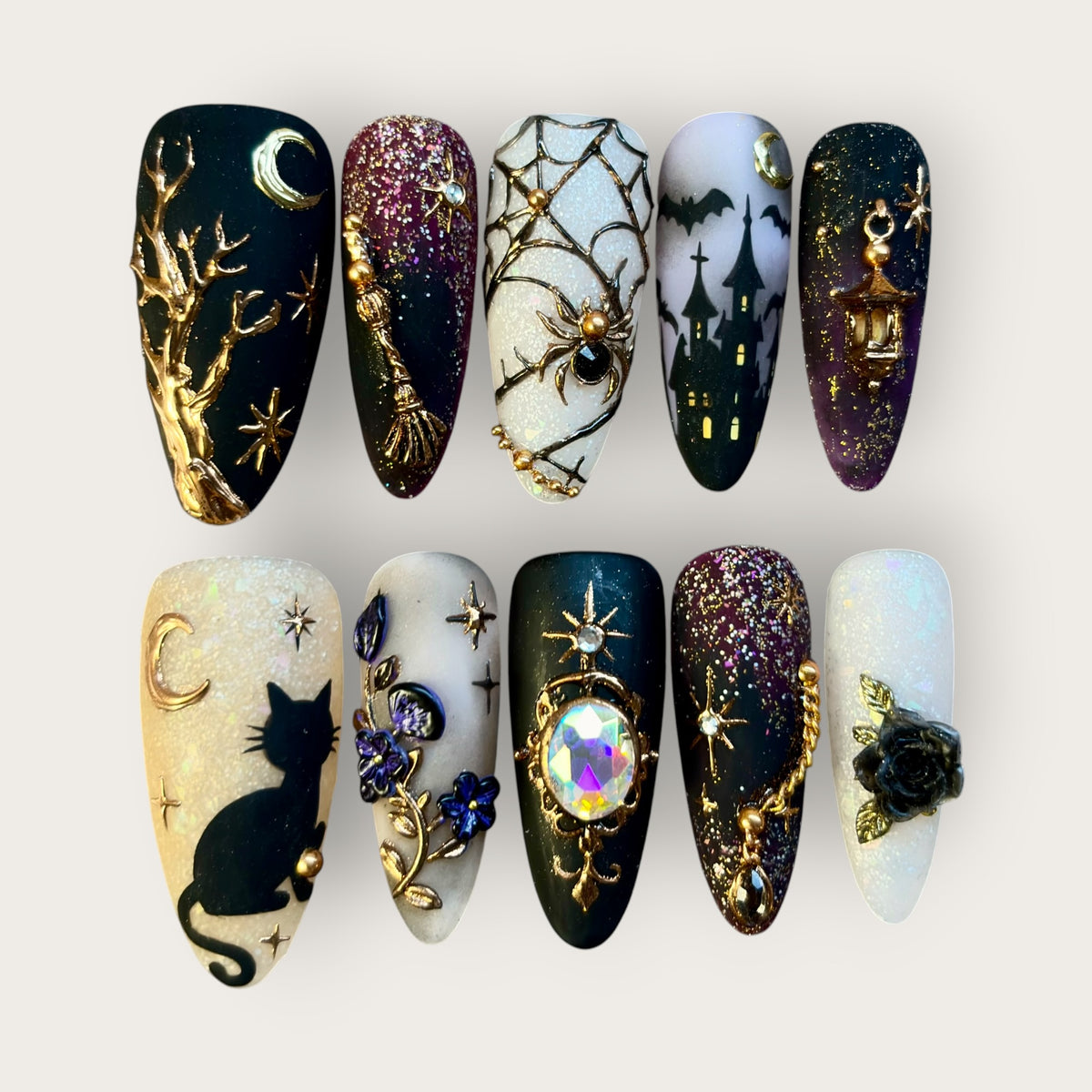 Gothic Moonlight Press-On Nails – Black Cat, Web & Gold Luxury Halloween Nail Set