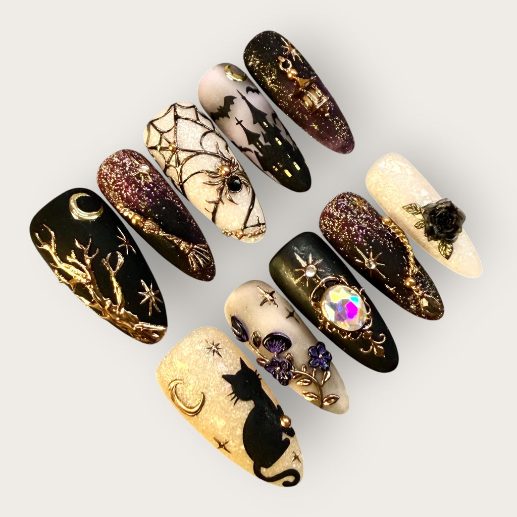 Gothic Moonlight Press-On Nails – Black Cat, Web & Gold Luxury Halloween Nail Set
