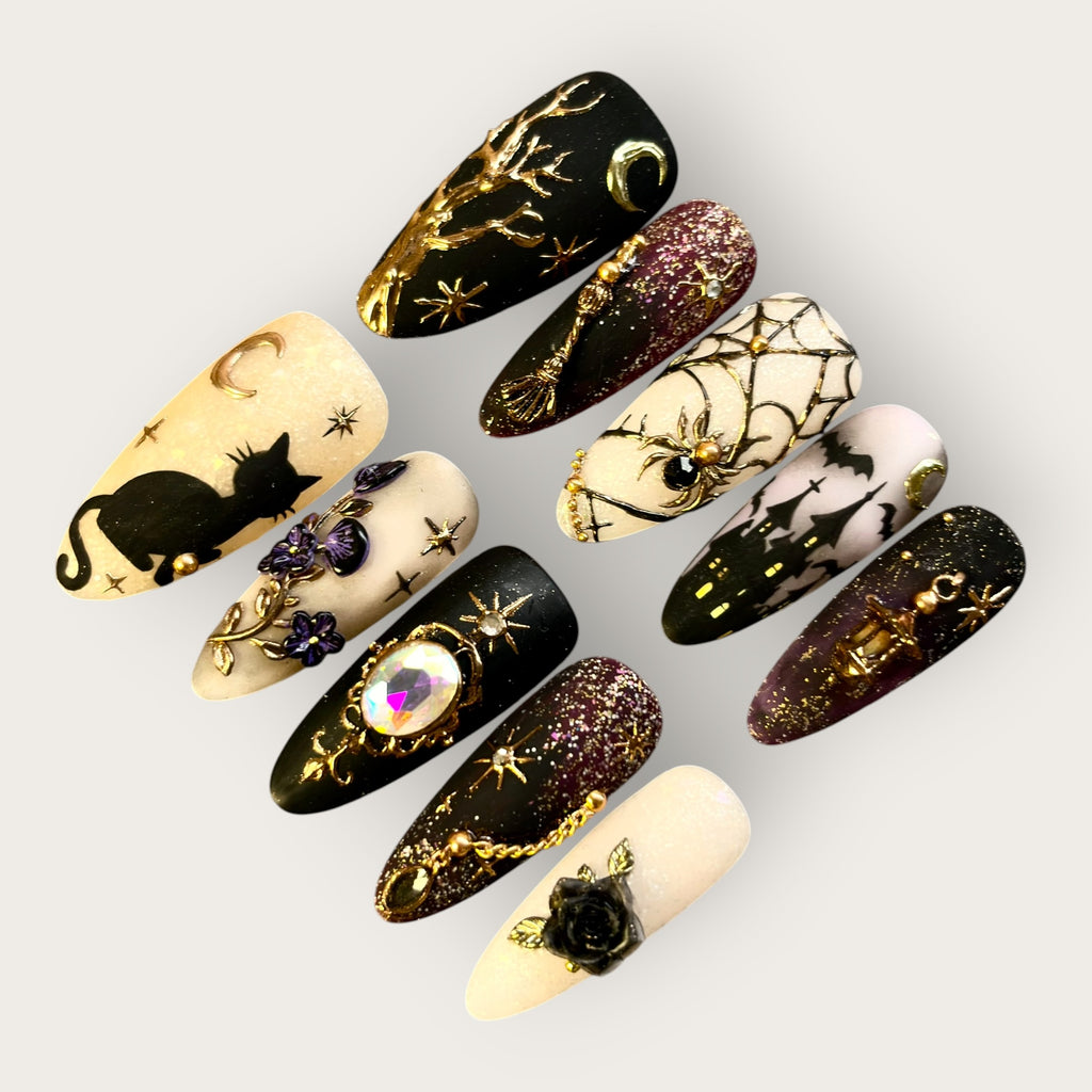 Gothic Moonlight Press-On Nails – Black Cat, Web & Gold Luxury Halloween Nail Set