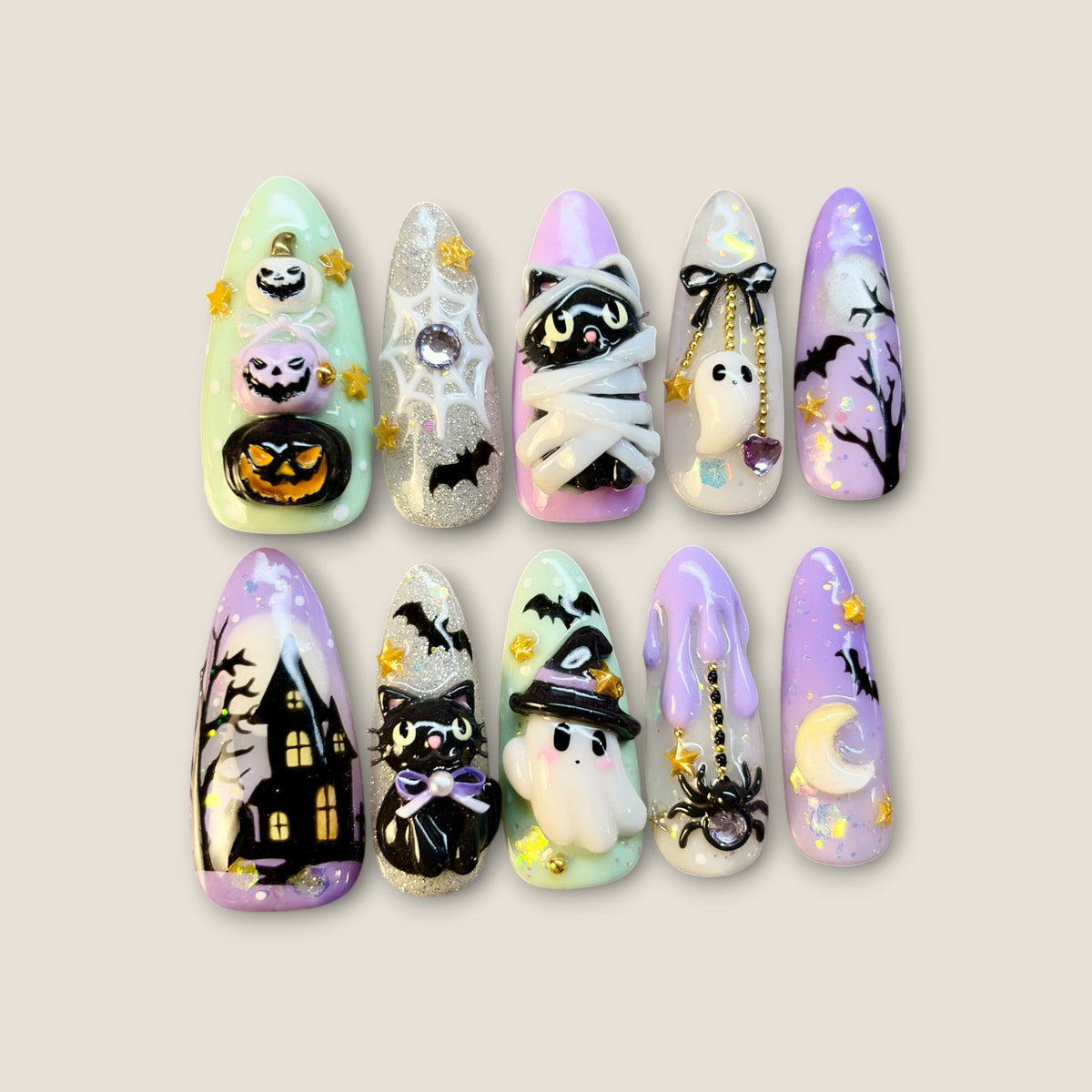 Pastel Halloween Press-On Nails – Cute Ghost, Cat & Pumpkin 3D Nail Set