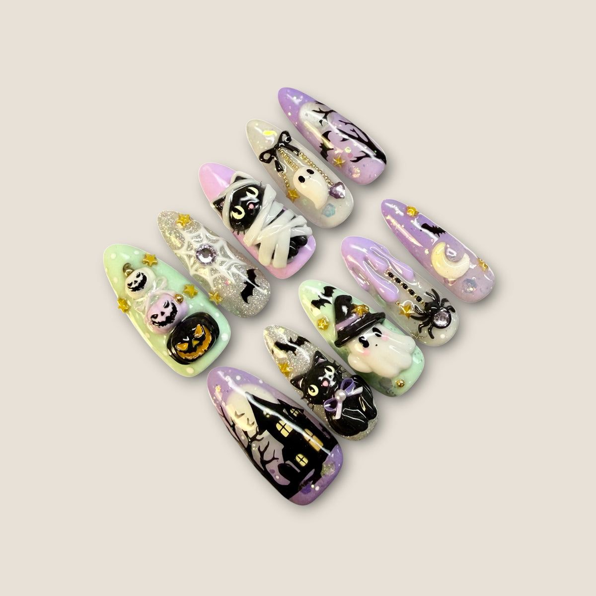 Pastel Halloween Press-On Nails – Cute Ghost, Cat & Pumpkin 3D Nail Set