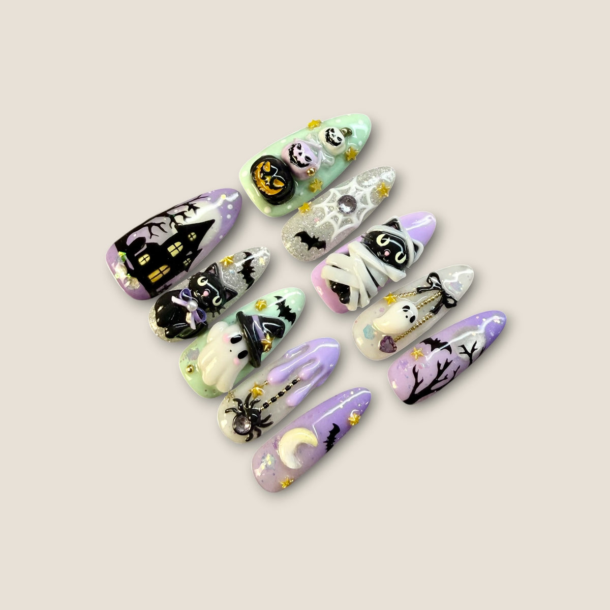 Pastel Halloween Press-On Nails – Cute Ghost, Cat & Pumpkin 3D Nail Set
