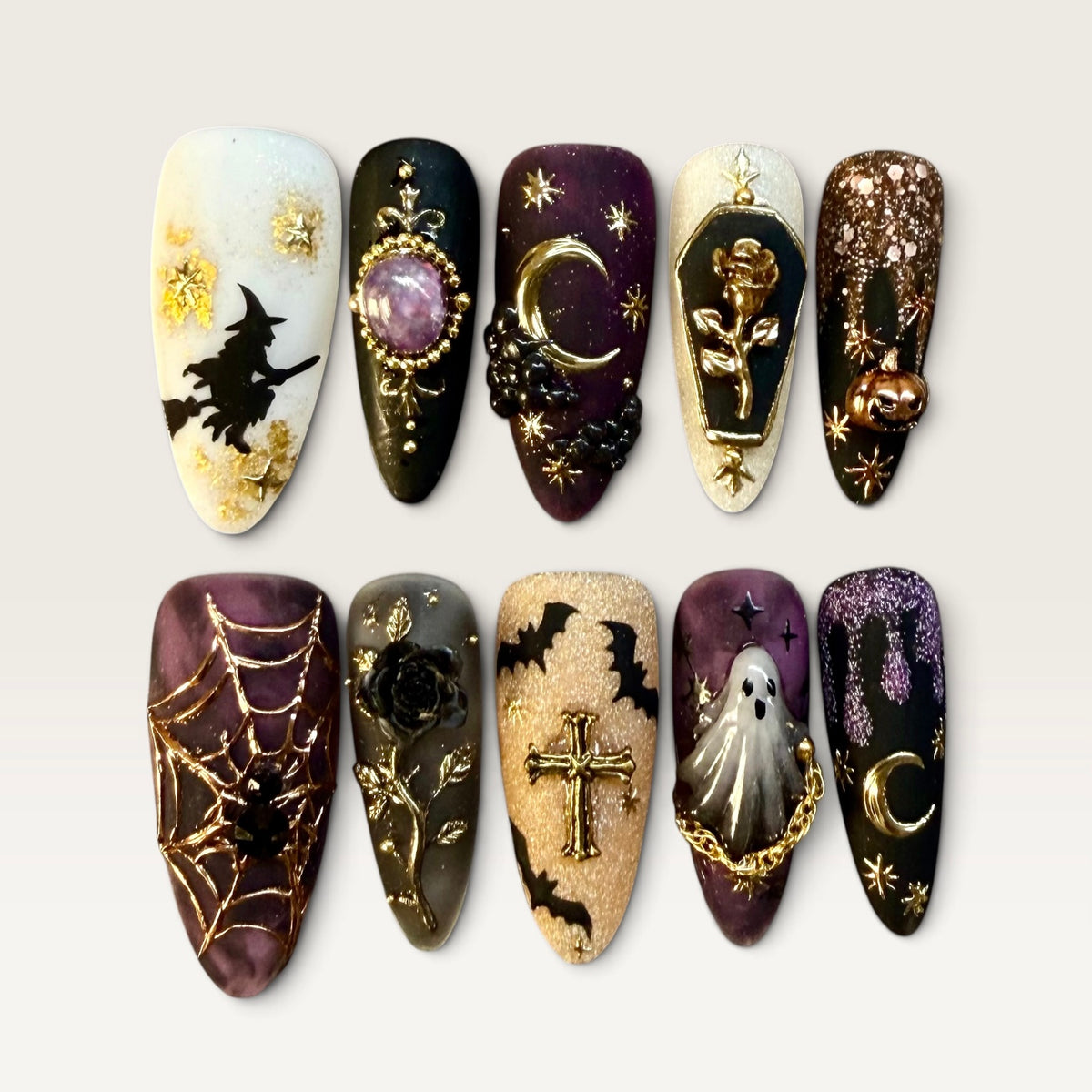 Midnight Witch Halloween Press-On Nails – Gothic Black & Gold Luxury Nail Set