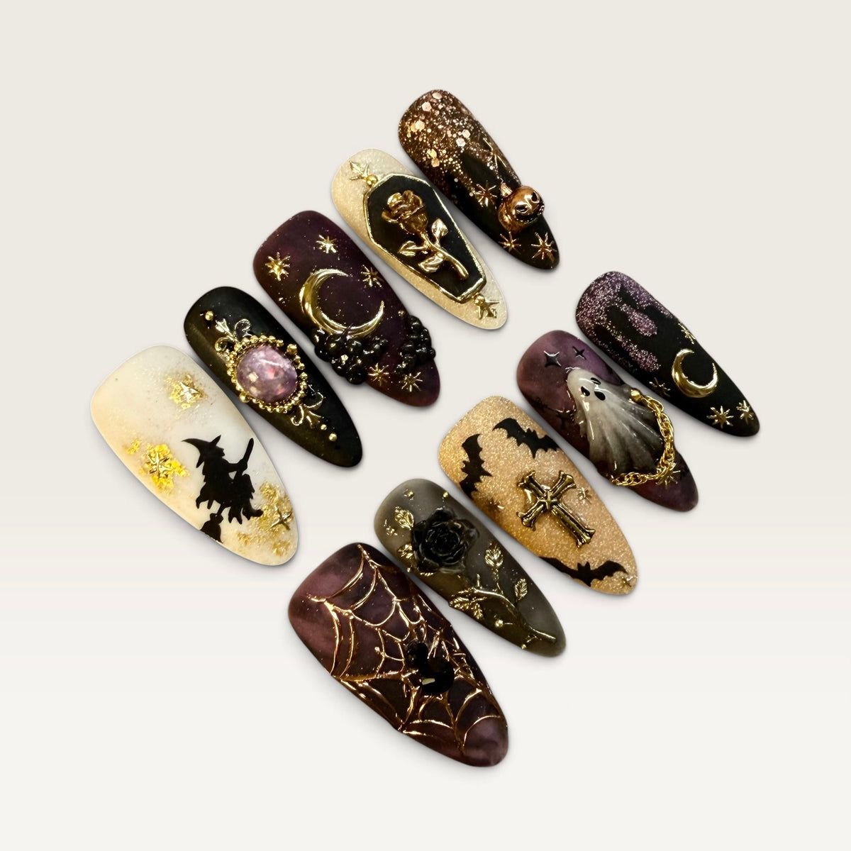 Midnight Witch Halloween Press-On Nails – Gothic Black & Gold Luxury Nail Set