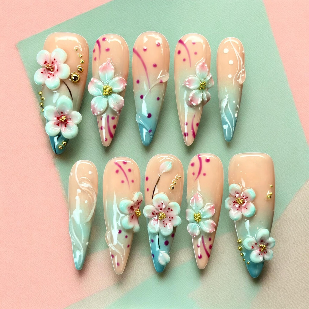 Pastel Blossom Press-On Nails – 3D Floral Pink & Blue Spring Nail Set