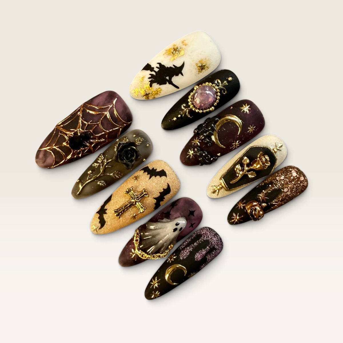 Midnight Witch Halloween Press-On Nails – Gothic Black & Gold Luxury Nail Set