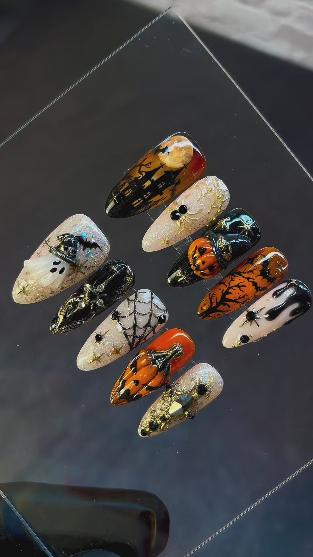 Haunted Pumpkin Press-On Nails – 3D Ghost, Spider & Jack-O’-Lantern Halloween Nail Set