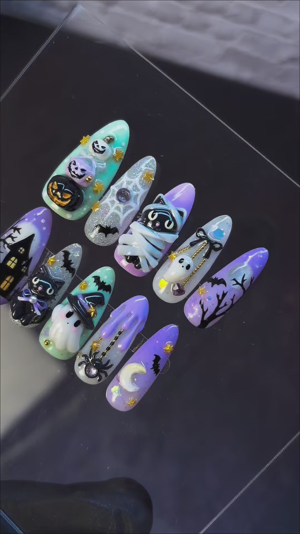 Pastel Halloween Press-On Nails – Cute Ghost, Cat & Pumpkin 3D Nail Set