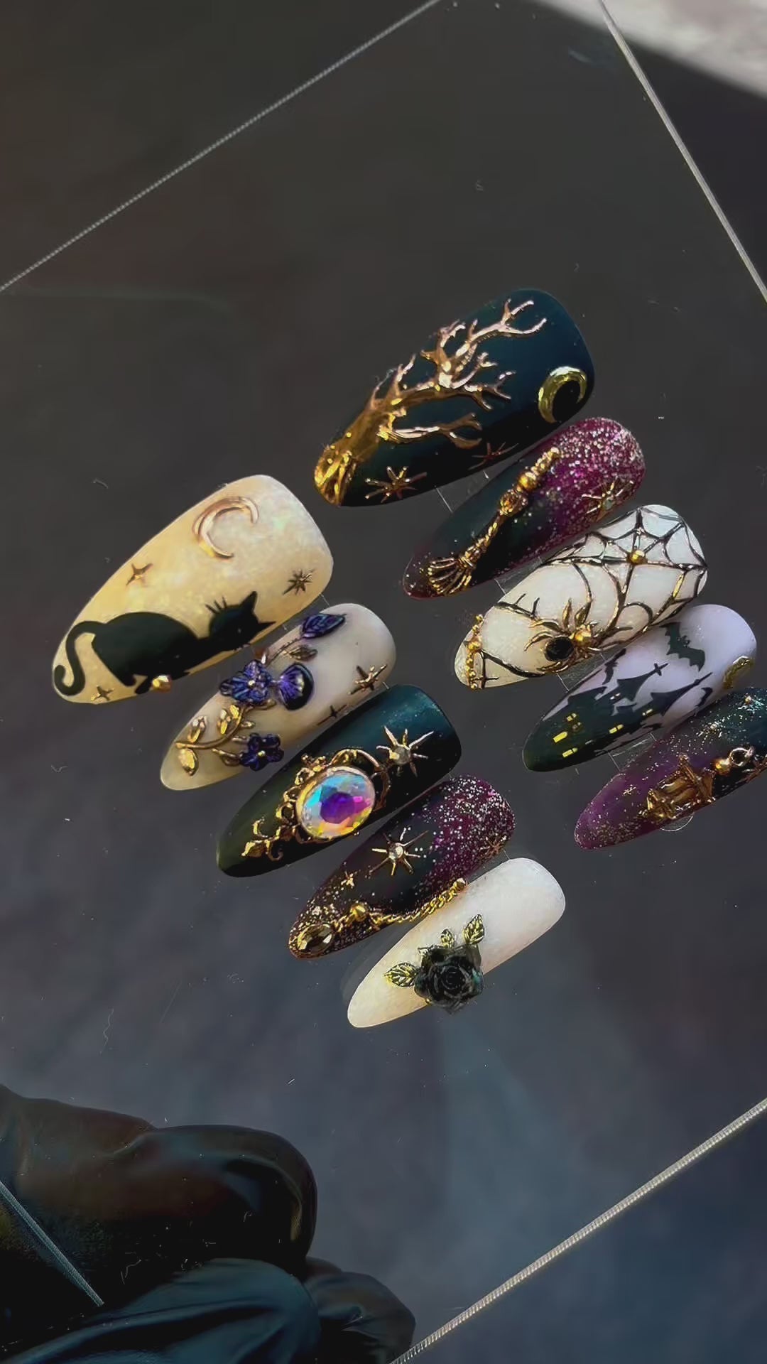 Gothic Moonlight Press-On Nails – Black Cat, Web & Gold Luxury Halloween Nail Set